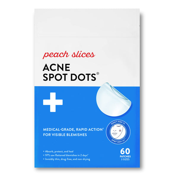Peach Slices | Acne Spot Dots | Hydrocolloid Acne Patches | For Zits Blemishes & Breakouts | Vegan | Cruelty-Free | Pimple Patches | Facial Skin Care Products | 3 Sizes (7mm 10mm & 12mm) | 60 Ct